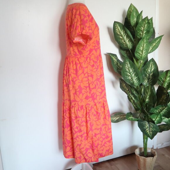 J.Crew Pink Orange Floral Print Cotton Midi Maxi Short Sleeve V-neck Dress 10 - Picture 6 of 14